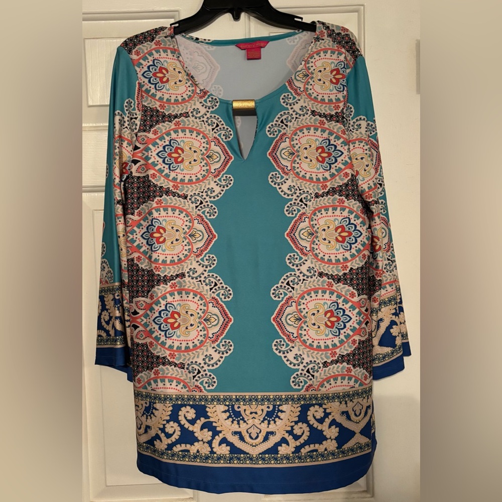 Sunny Leigh Teal and Cream Patterned Blouse